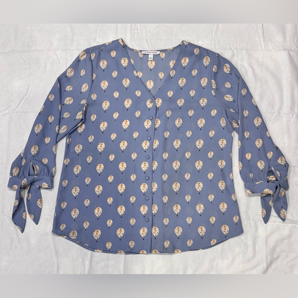 41 Hawthorne Women's 3/4 Length Tie Sleeve Top Size Large Blue Hot Air Balloon